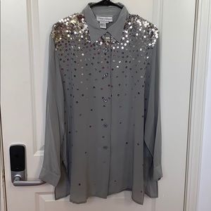 DIANE GILMAN Gray sequin button down blouse